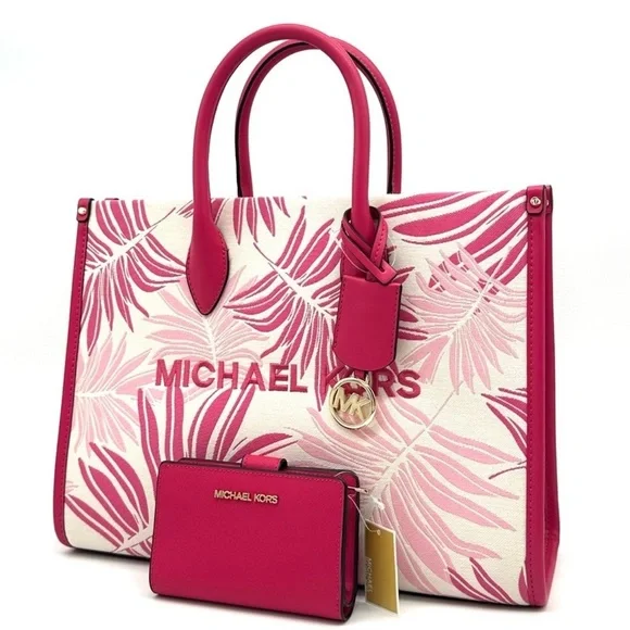Michael Kors Medium Mirella Tote Bag & Medium Bifold Zip Chain Wallet Pink/Gold